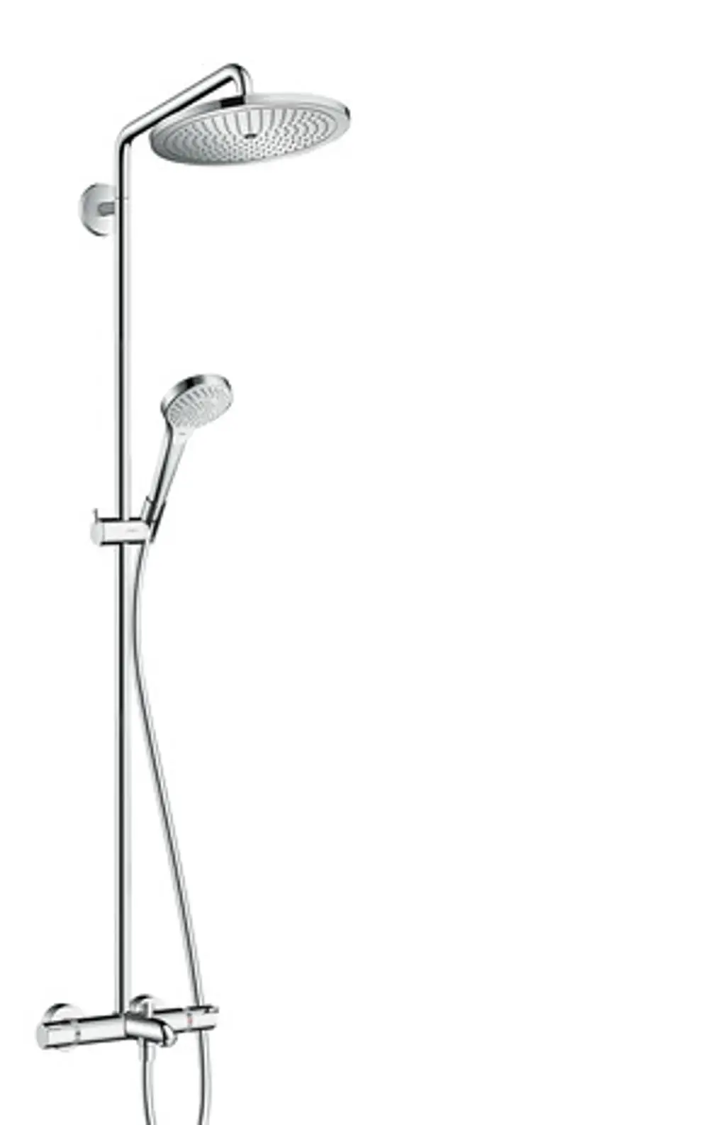 Hansgrohe Duschsystem mit Kopfbrause und Handbrause. Verchromte Oberfläche, integriertes Thermostat für Wanne. An der Wand montiert, schlichtes Design.